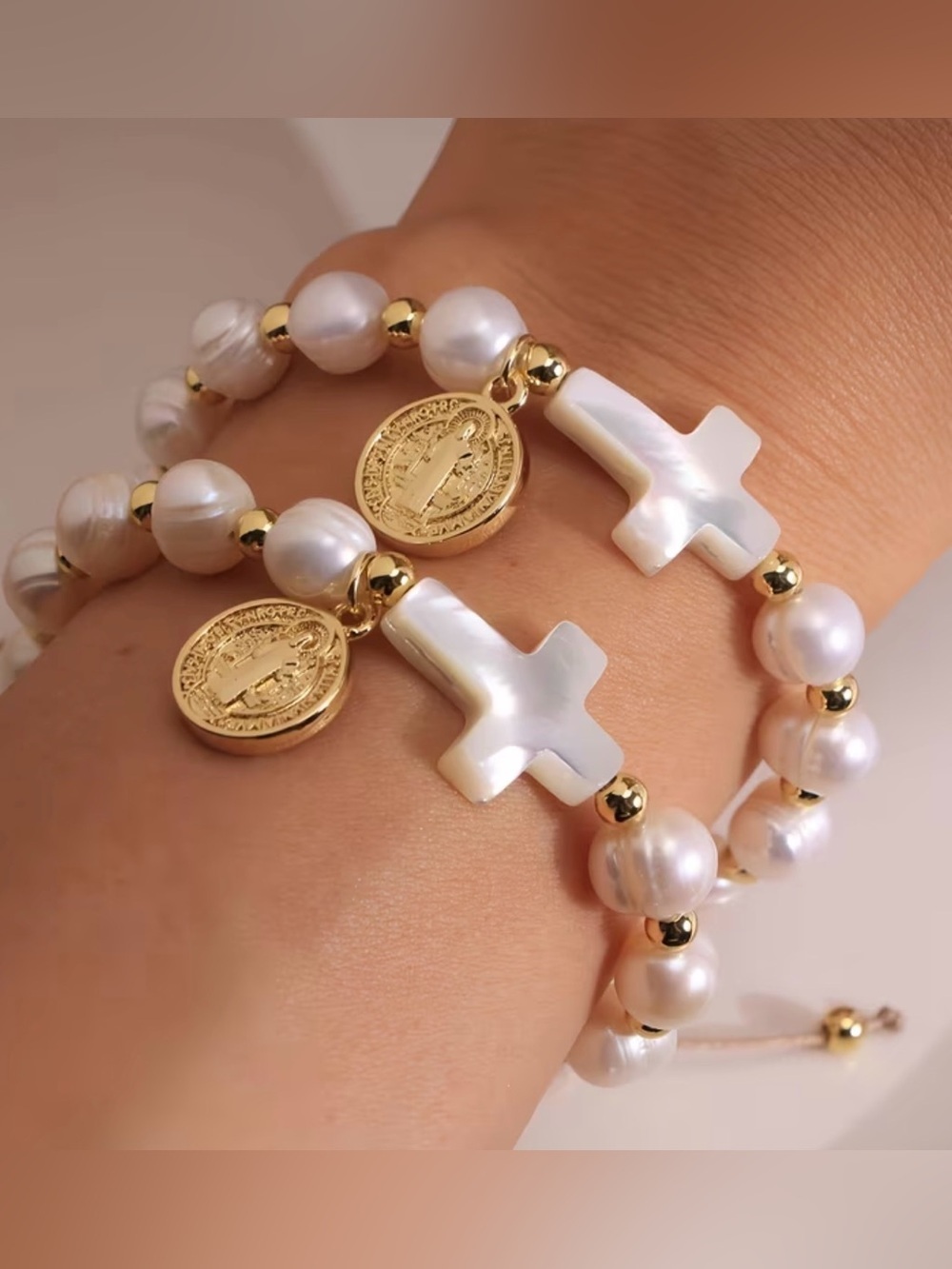 Gold and White Pearl Cross Charm Bracelet Set